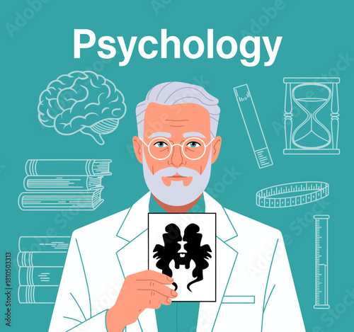 A psychologist showcases a Rorschach inkblot test while surrounded by symbols of study, discussing the psychological insights that this projective test aims to reveal about individuals.