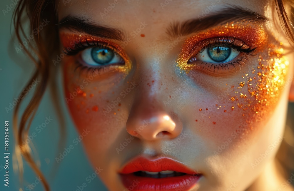 custom made wallpaper toronto digitalClose up portrait of girl face with orange glitter eye shadows and red lips. Woman has bright makeup and blue eyes. Beauty trends for visage and visage design. Celebration event concept.