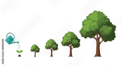 Tree Growth Stages Vector Illustration. Watering Can Nurturing a Sprout to Become a Large, Mature Tree. Evolution Concept.