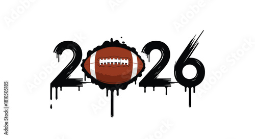 American Football 2026 Graffiti Style Design. Vector Illustration of Sports Ball with Black Paint Drips for Championship or Event.