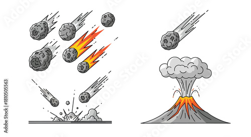Natural Disaster and Cosmic Hazard Set: Volcanic Eruption and Falling Meteorites Icons Collection
