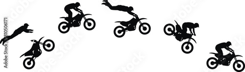 Motocross rider performing dynamic freestyle stunt sequence silhouette, extreme motorcycle jump action illustration, sport adrenaline concept graphic for stock design