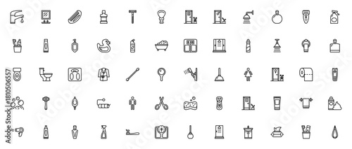 Bathroom objects icon set. Minimal vector icons pack Includes symbols for showr, toilet, toothpaste, razr, towel, scale, perfume ad more. Editable stroke.