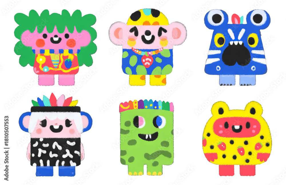 Fototapeta premium Playful Cartoon Characters with Wild Designs and Bright Colors in Flat Style