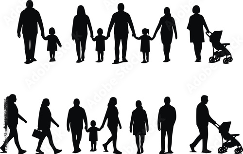 Family walking silhouettes collection featuring parents, children, stroller scenes, diverse human figures, modern lifestyle illustration, people movement concept for design