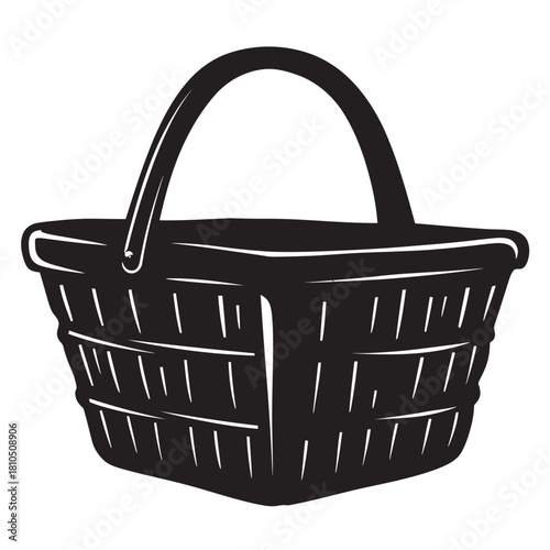 black and white vector icons featuring various picnic and shopping baskets, symbolizing commerce, grocery, storage, and outdoor leisure