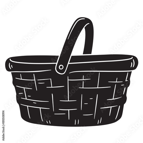 black and white vector icons featuring various picnic and shopping baskets, symbolizing commerce, grocery, storage, and outdoor leisure