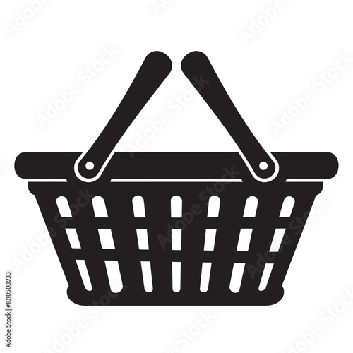 black and white vector icons featuring various picnic and shopping baskets, symbolizing commerce, grocery, storage, and outdoor leisure