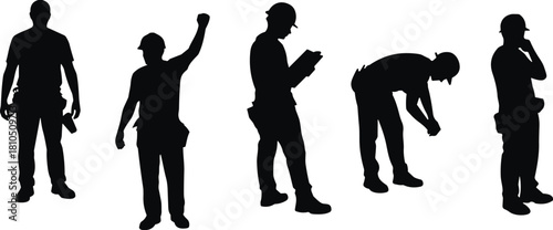 Silhouettes of construction workers in various job poses, professional labor figures, industrial workforce illustration, safety gear, building work actions, isolated design