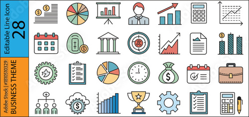 Collection of business icons charts graphs and financial elements in a flat style