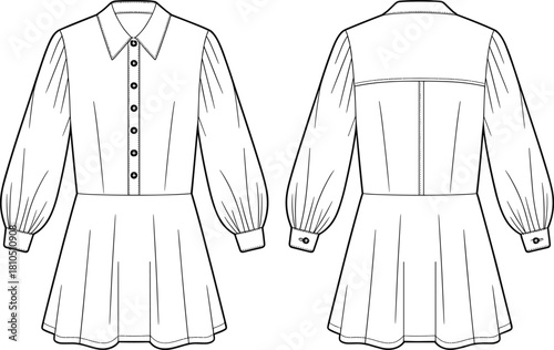 Fashion dress flat sketch, technical garment illustration, puff sleeve design, collared neckline template, button down apparel drawing, flared skirt outline vector