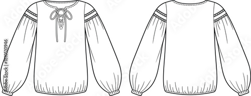 “Boho long sleeve blouse technical flat sketch with lace-up neckline and decorative shoulder details, front and back clothing design template”