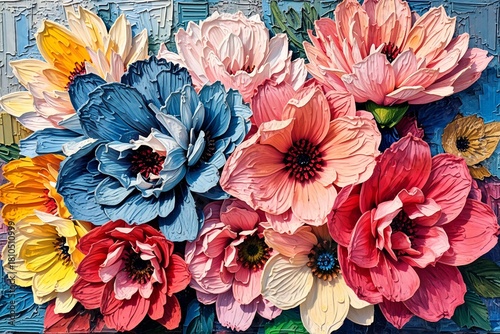 Wallpaper Mural A vibrant, close-up arrangement of colorful artificial flowers in bold huespinks, oranges, blues, and whiteswith detailed petals and textured centers, creating a lively and decorative floral display. Torontodigital.ca