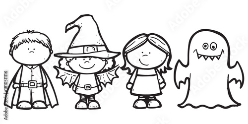 create simple coloring pages for children, cute characters dressed as halloween and costumes , cartoon style,, easy to color in black lines, large white background, coloring book, clip art sheet with 