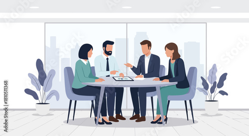 Illustration of group of four business professionals having a productive discussion in a modern office meeting room with city views and plants