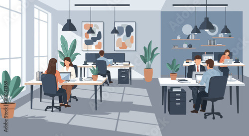 Illustration of business professionals working in a modern openplan office, collaborating and using computers in a contemporary, bright workspace
