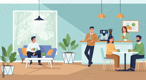 Illustration of diverse business people relaxing and socializing in a modern office lounge or breakroom, enjoying coffee and conversation