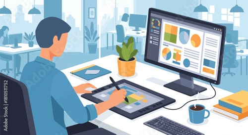 Illustration of graphic designer working on a digital tablet and computer monitor in a modern office, creating visual content and illustrations