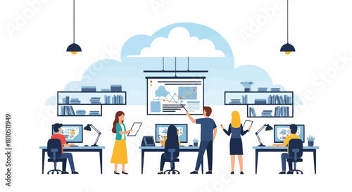 Illustration of business team collaborating in a modern office, analyzing data and charts on a projected screen, with colleagues working at desks, isolated on