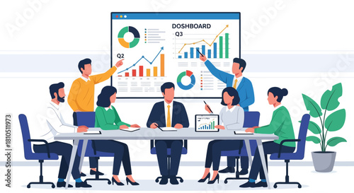 Illustration of business professionals in a corporate meeting discussing financial data and market trends on a dashboard, collaborating around a table, isolated on white