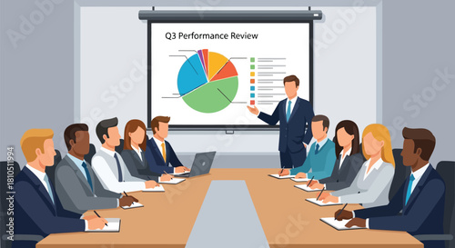 Illustration of q3 performance review meeting with a presenter explaining a pie chart to a diverse group of business professionals in a conference room