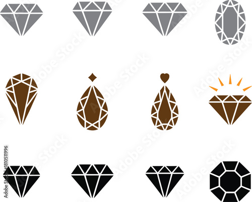 Set of  Geometric Diamond Vector Icons – Luxury, Jewelry, Crystal, and Gemstone Symbol Collection