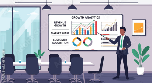 Illustration of businessman presenting growth analytics and business data on a large screen in a modern conference room with charts and graphs