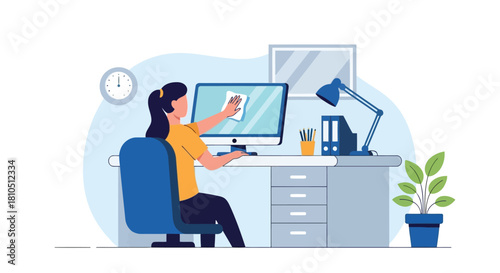 Illustration of woman cleaning computer monitor at an office desk, maintaining hygiene and a tidy workspace in a modern office environment