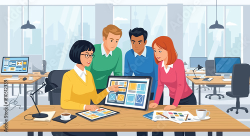 Illustration of diverse team collaborating on uiux design, discussing app layouts and wireframes on a tablet in a modern office