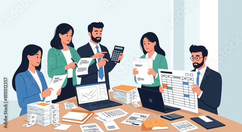 Illustration of accountants and business professionals working on financial reports, calculating taxes, and analyzing data with laptops and documents