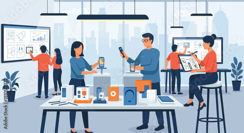 Illustration of team of engineers and designers collaborating in a modern tech office, developing and testing new electronic products and smart devices
