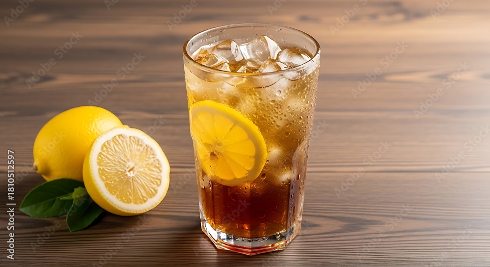 Fototapeta premium Refreshing Iced Tea with Lemon and Ice Cubes on a Wooden Table.