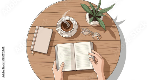 Minimalist Workspace Illustration with Open Notebook and Coffee