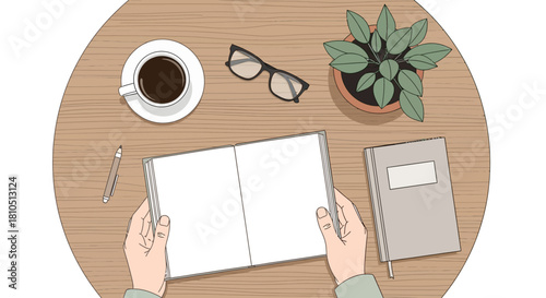 Minimalist Workspace Illustration with Open Notebook and Coffee
