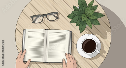 Minimalist Workspace Illustration with Open Notebook and Coffee