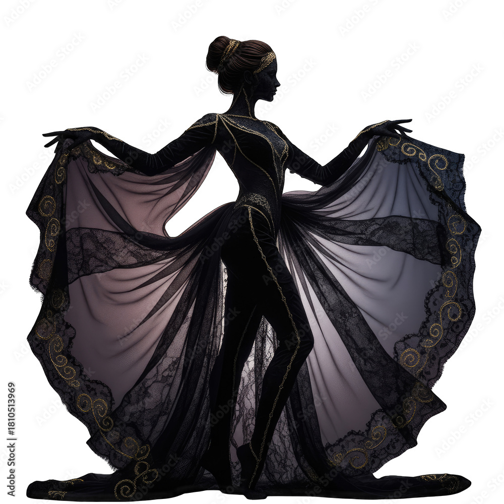 Naklejka premium Elegant Black Lace Gown With Gold Embellishments Worn By A Female Silhouette Against A Subtle Gradient Background