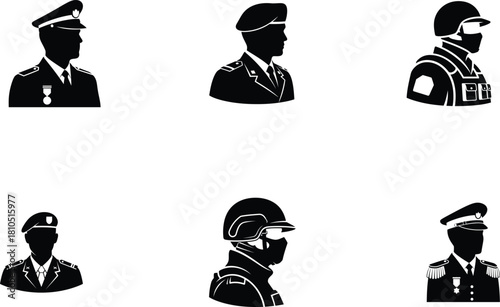 Diverse military and law enforcement silhouettes showcasing uniform variations and protective gear for various operational roles with precision detailing highlighting duty and service