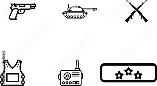 Military Equipment Icons Collection Vector Illustration Representing Modern Warfare and Security Tactics Featuring Pistol Tank Rifles Armor Communication Device and Rank Insignia