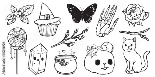 cute, kawaii line art drawings of spooky halloween icons, including a witch's hat and broom, a black rose with a spider web, a bat-faced cupcake, a skeleton hand holding a skull, a cauldron full of li