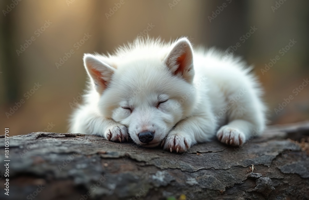 Obraz premium Little white wolf cub sleeps soundly on a log in nature. Baby arctic wolf pup rests peacefully in wild forest habitat. Young animal enjoying quiet slumber in natural outdoor environment.