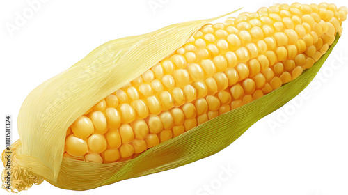 A fresh ear of yellow corn on the cob partially peeled with its green husk on a dark background
