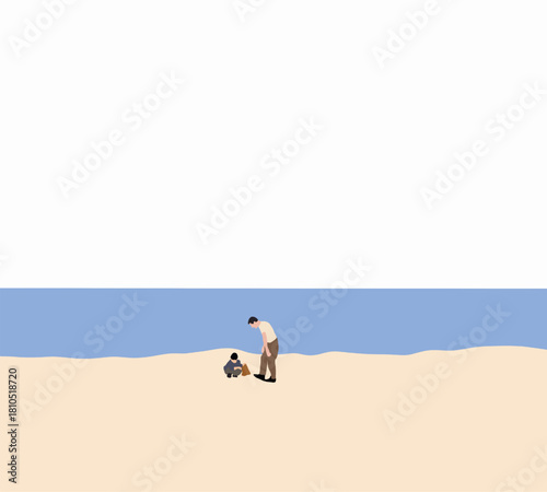 Father and son enjoying summer holiday vacation on the beach. Family spend time together. Modern cartoon design.