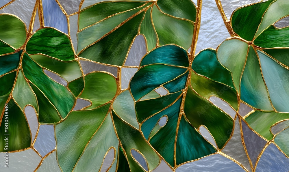 Fototapeta premium Stained Glass Monstera Leafs Stained Glass With gold lining Floral Artful Aesthetic 3d effect