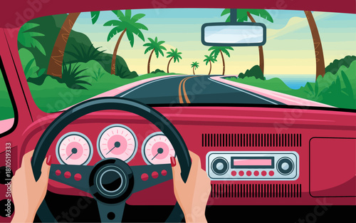 This vibrant illustration captures the feeling of a scenic drive from the perspective of a vintage car, with picturesque surroundings and a sense of adventure and nostalgia.