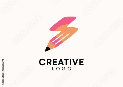 This creative logo combines a pencil and a lightning bolt, symbolizing innovation and artistic inspiration, ideal for creative businesses or educational projects.