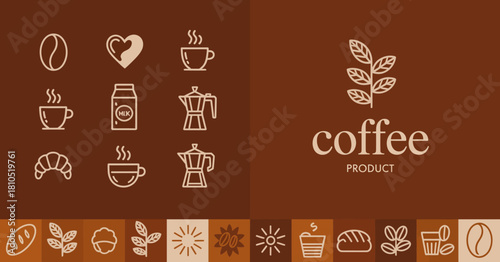 A delightful design showcasing various coffee-related icons alongside a logo, perfect for branding products in the coffee industry, highlighting warmth and community.