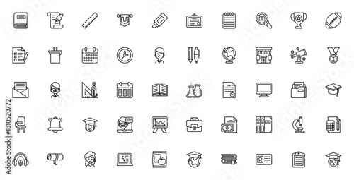 University icon set. Vector illustration. Education ymbols collection. Include book, document, globe, stdent, diploma, professor, xam, laptop, graduate and ore. Editable stroke.