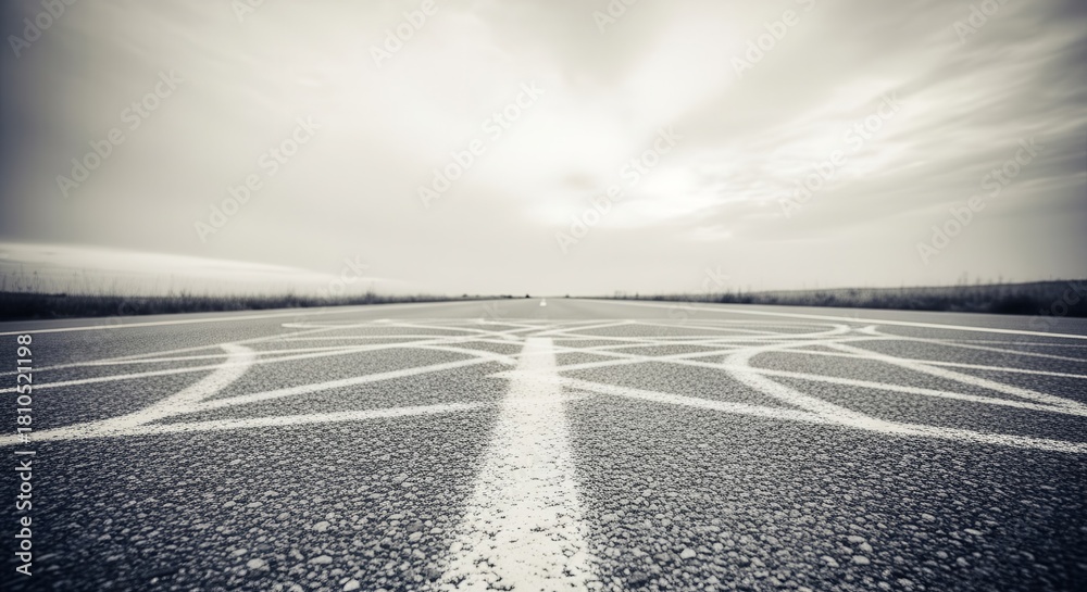 Fototapeta premium Abstract Road Marking Leading Into Distance Under Monochromatic Cloudy Sky