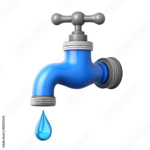 A vivid blue garden tap with a grey handle slowly releases a single glistening water drop