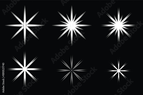 Six radiant white starbursts explode against a stark black background, providing striking elements